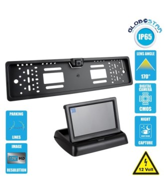 GloboStar® 86013 Πλαίσιο Πινακίδας Αυτοκινήτου με Ενσωματωμένη Αδιάβροχη Κάμερα Οπισθοπορείας 720p HD CMOS Signal 170° DC 12V και Πτυσσόμενη Οθόνη 4.3"